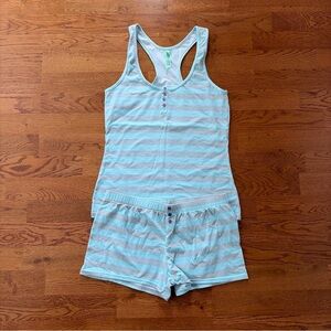 Honeydew Intimates 2 Pc SET Tank Top Shorts S Button Henley Aqua Gray Stripe PJ